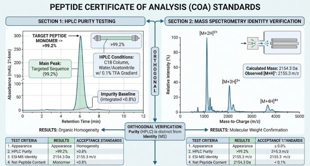 99% Peptide Purity: 9 Powerful Reasons a “99% Pure” Peptide Can Still Be Poor Quality 99% peptide purity: peptide COA showing HPLC purity and mass spectrometry identity testing