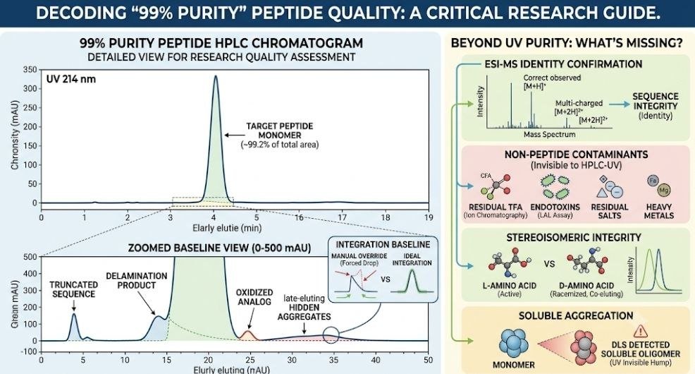 99% Peptide Purity: 9 Powerful Reasons a “99% Pure” Peptide Can Still Be Poor Quality 99% peptide purity HPLC chromatogram showing peptide quality and impurities