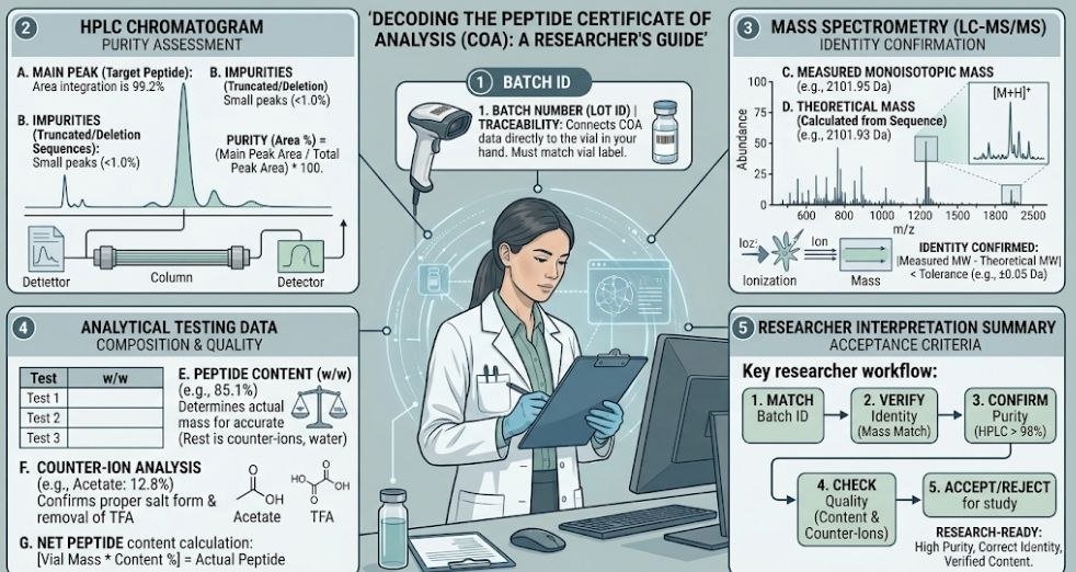 Are Peptides Safe? 11 Powerful Safety Checks Every Researcher Should Know Are peptides safe? researcher reviewing peptide COA with HPLC chromatogram, mass spectrometry results, batch number, and analytical testing data