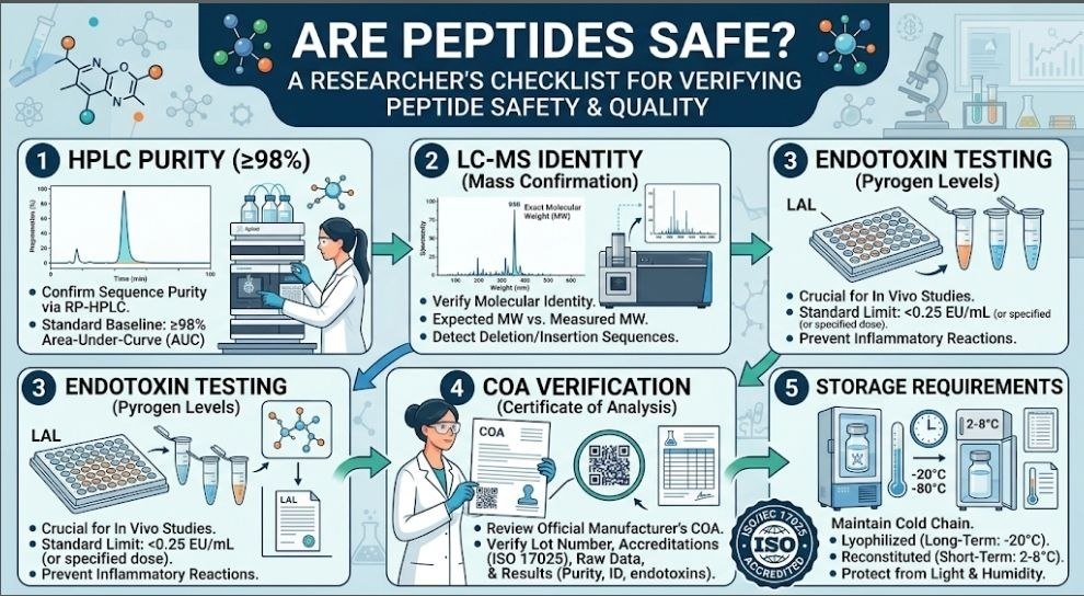 Are Peptides Safe? 11 Powerful Safety Checks Every Researcher Should Know Are peptides safe? peptide safety checklist showing HPLC purity, LC-MS identity, endotoxin testing, COA verification, and storage requirements