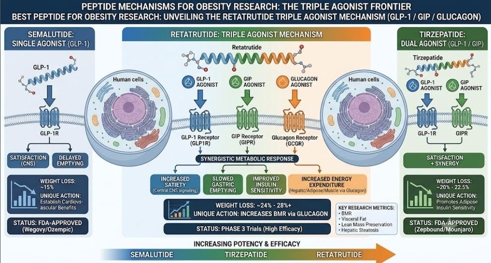 Best Peptide for Obesity: 6 Powerful Candidates Ranked for Weight Loss and Metabolic Research Best peptide for obesity research showing retatrutide GLP-1 GIP glucagon triple agonist mechanism
