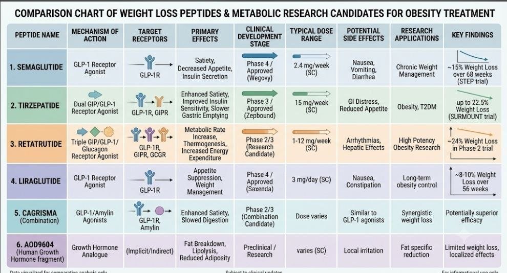 Best Peptide for Obesity: 6 Powerful Candidates Ranked for Weight Loss and Metabolic Research Best peptide for obesity comparison chart of weight loss peptides and metabolic research candidates