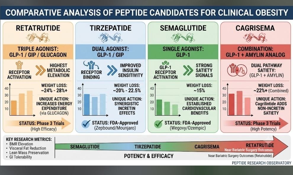 Best Peptide for Obesity: 6 Powerful Candidates Ranked for Weight Loss and Metabolic Research Best peptide for obesity comparison of retatrutide, tirzepatide, semaglutide and CagriSema