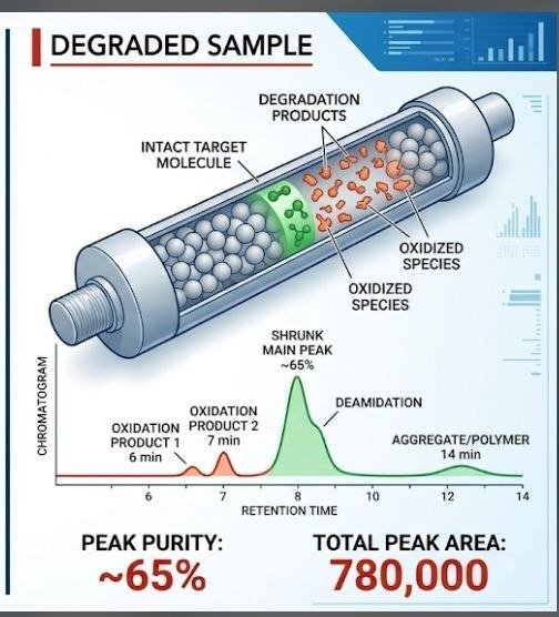 What Does HPLC Testing Mean? 11 Powerful Facts Every Peptide Buyer Should Know What Does HPLC Testing Mean — degraded peptide sample showing additional chromatographic peaks and changes around the main peak
