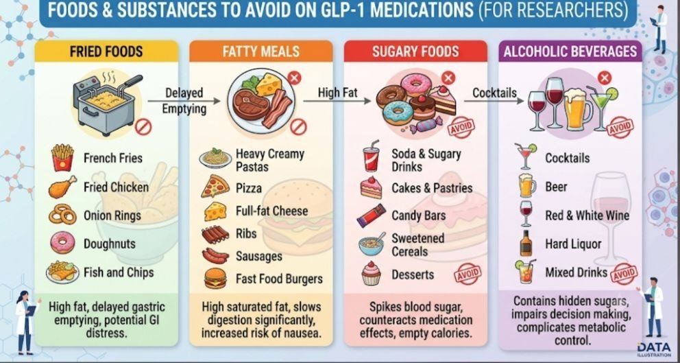 Foods to avoid on GLP-1 medications compared with protein-rich and nutrient-dense foods