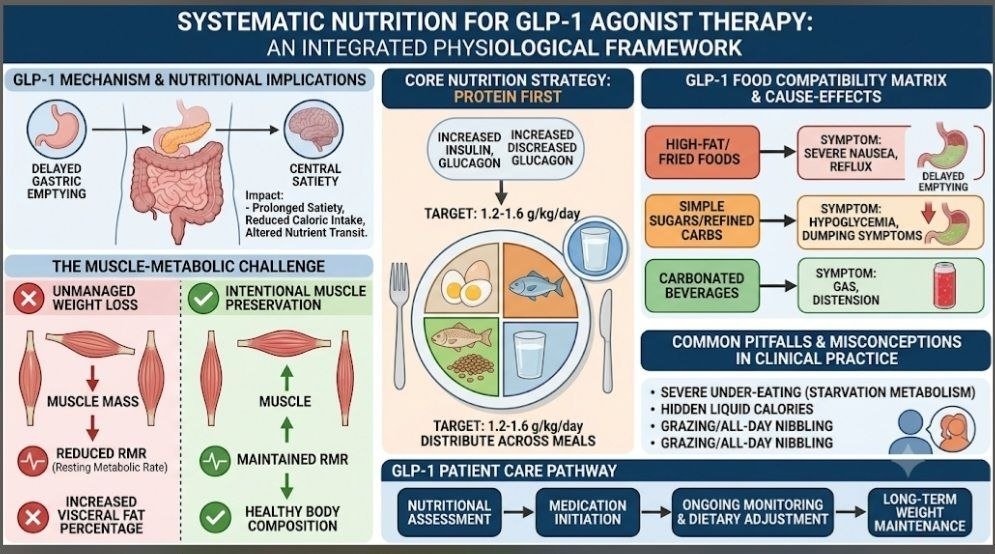 Foods to avoid on GLP-1 medications: Systematic nutrition framework infographic for GLP-1 agonist therapy showing food compatibility, muscle preservation strategies, and physiological mechanisms for researchers.