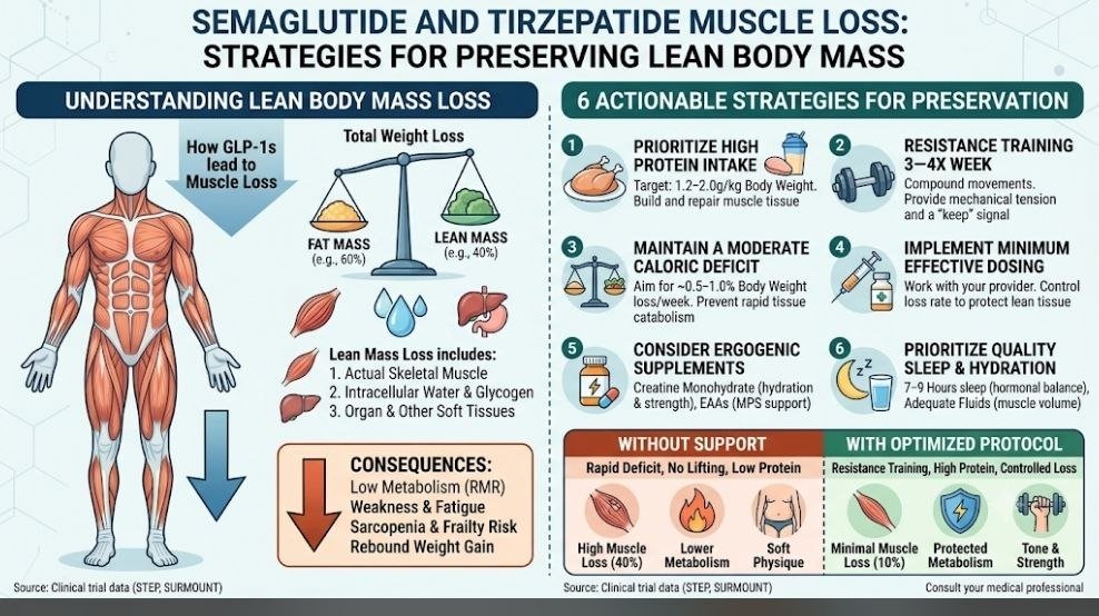 GLP-1 muscle loss: Semaglutide and tirzepatide muscle loss showing strategies for preserving lean body mass