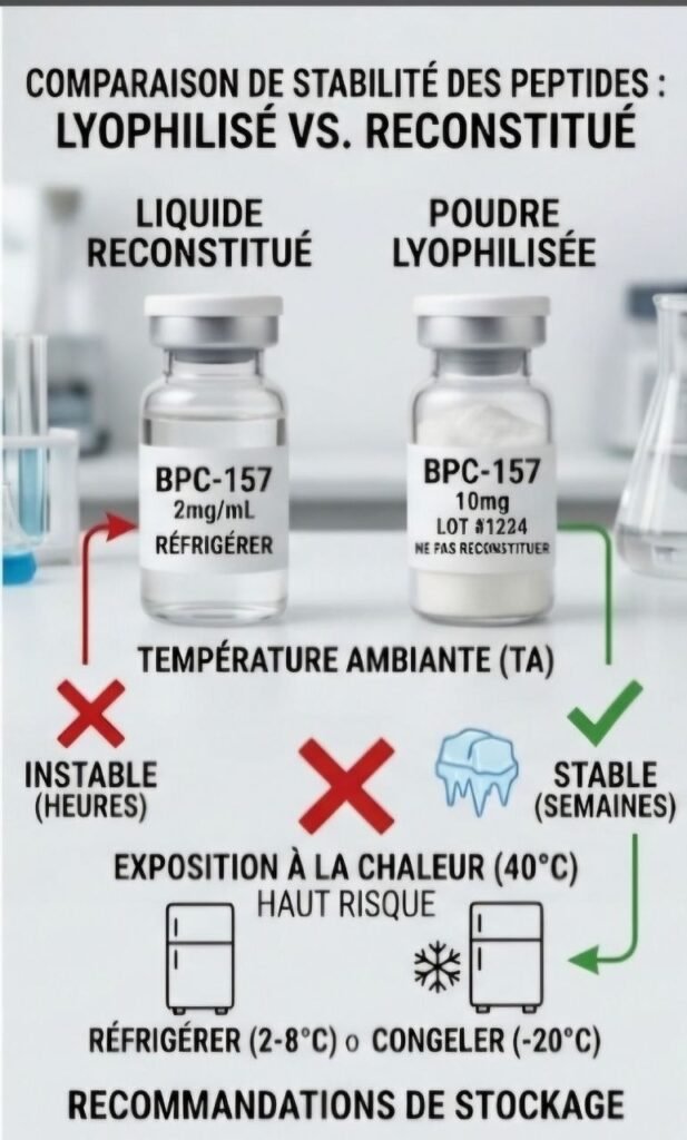 Combien de temps les peptides peuvent-ils rester sans réfrigération pendant le transport ? 7 faits essentiels à connaître Combien de temps les peptides peuvent-ils rester sans réfrigération pendant le transport :
Stabilité des peptides pendant le transport selon la température, la durée d’exposition et la formulation lyophilisée ou reconstituée
