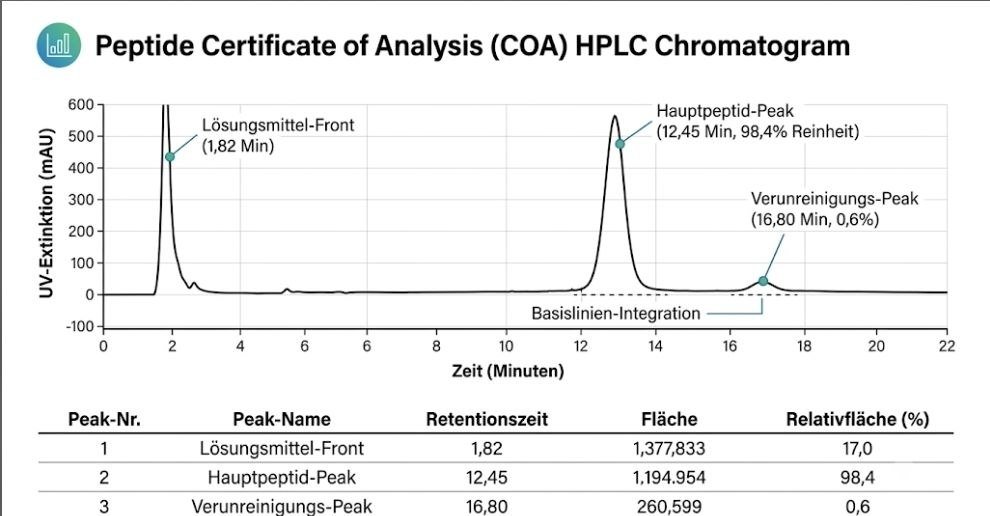 HPLC-Reinheitsgrad: HPLC-Chromatogramm eines Peptids mit Hauptpeak, Nebenpeaks, Retentionszeit und Peak-Integration