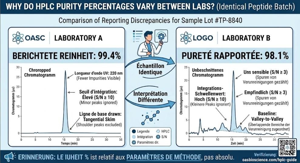 HPLC-Reinheitsgrad eines Peptids im Vergleich von zwei Laborberichten mit unterschiedlichen Reinheitswerten