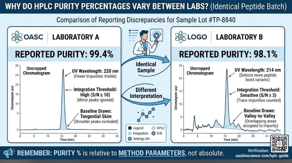 HPLC purity percentage comparison showing why two peptide HPLC reports can display different purity results
