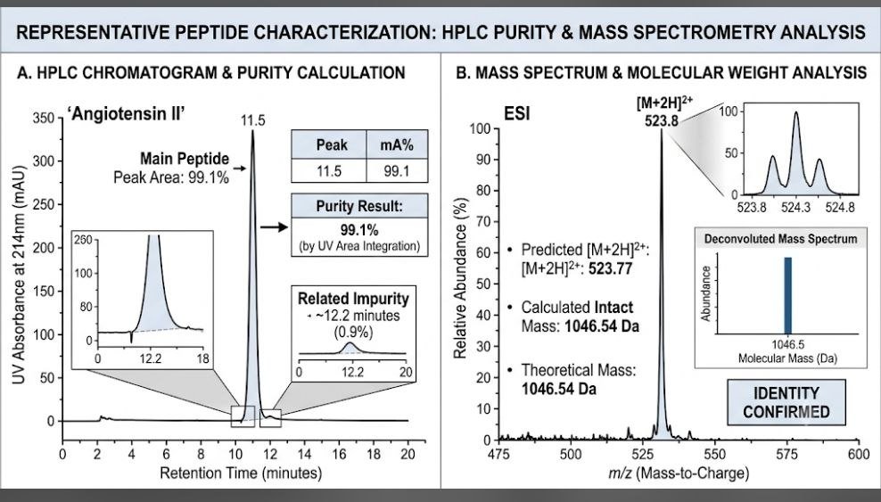 HPLC vs Mass Spectrometry: Peptide COA showing HPLC purity chromatogram and mass spectrometry molecular weight analysis