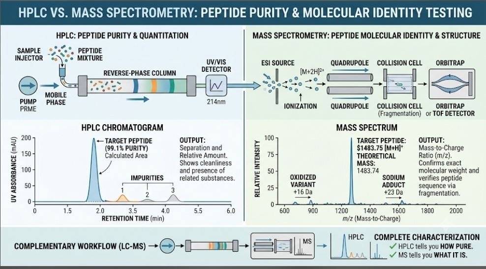 HPLC vs Mass Spectrometry for peptide purity and molecular identity testing
