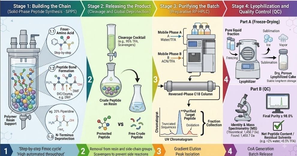 How Are Peptides Made? A Complete Guide to Peptide Synthesis and Manufacturing How Are Peptides Made: SPPS peptide synthesis, HPLC purification, lyophilization, and quality control