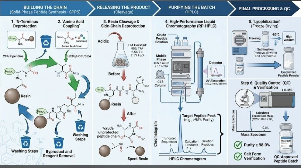 How Are Peptides Made? A Complete Guide to Peptide Synthesis and Manufacturing How Are Peptides Made: Complete peptide synthesis and manufacturing workflow from amino acid coupling to purification