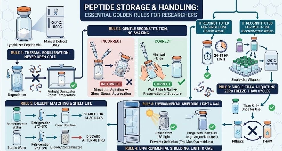 How should peptides be stored at -20°C, 2–8°C, and -80°C for optimal peptide stability