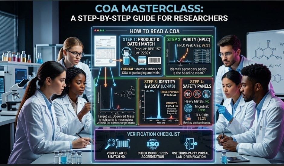 How Do I Read a COA? The Complete Beginner-to-Expert Guide for Peptide Buyers How do I read a COA? Example of a peptide HPLC chromatogram showing purity percentage, retention time, and peak integration for research peptide verification
