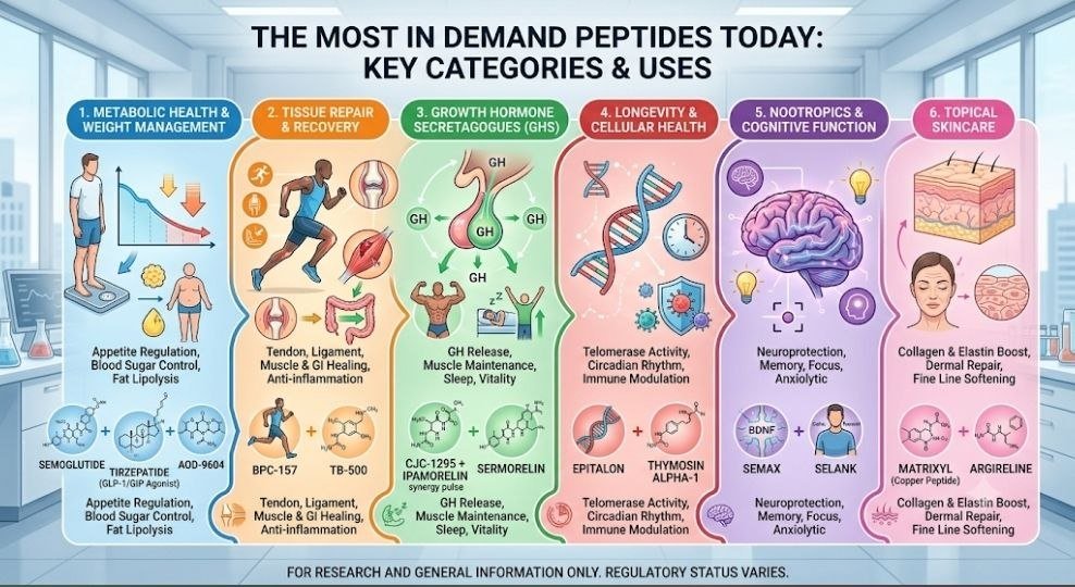 Most in Demand Peptides Today: 10 Leading & Clinically Relevant Peptides Shaping 2026 Most in demand peptides today including BPC-157, TB-500, CJC-1295, and Ipamorelin for recovery, tissue repair, and growth hormone secretagogue research