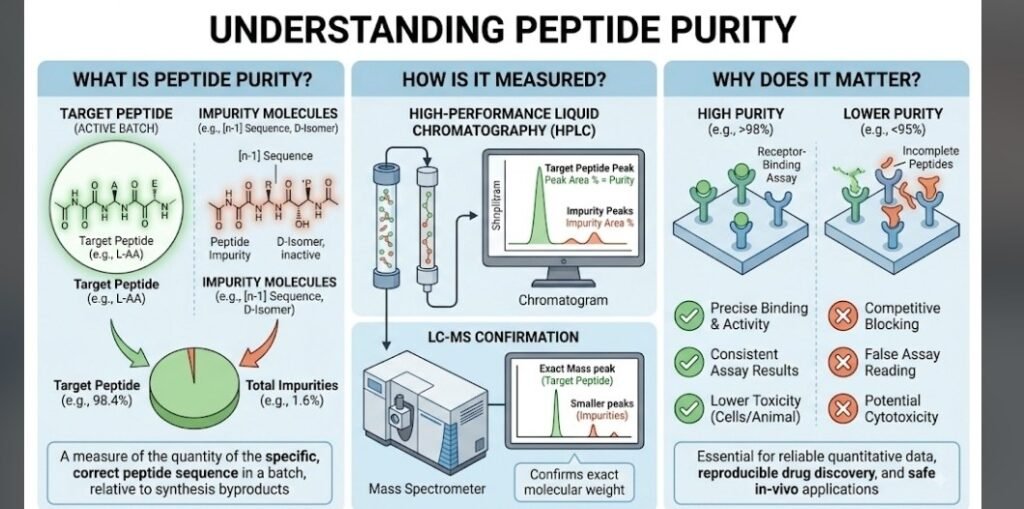 Peptide Purity: How It’s Measured and Why It Matters Peptide Purity laboratory illustration showing high purity peptide testing with HPLC LC-MS chromatogram and quality control analysis