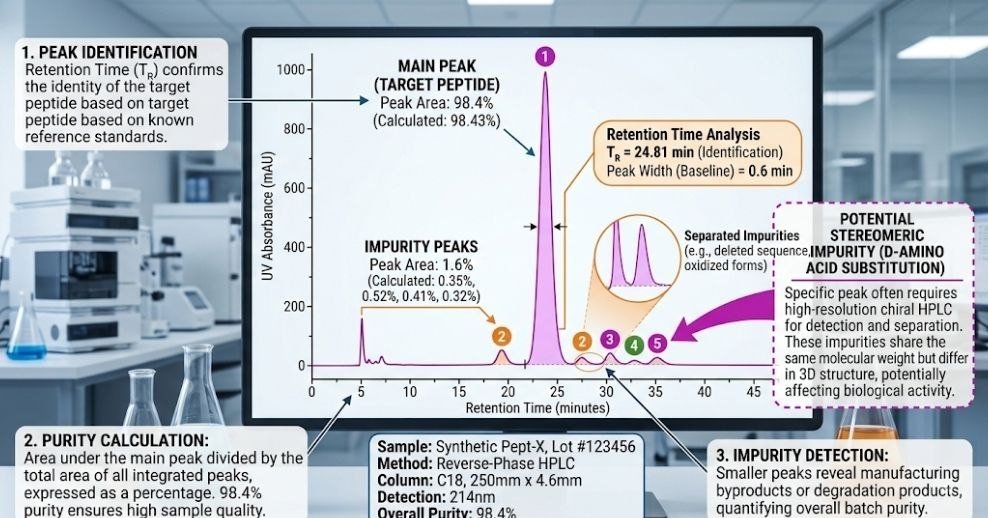 Peptide Purity: How It’s Measured and Why It Matters Peptide Purity HPLC chromatogram showing main peak area impurity peaks and retention time analysis