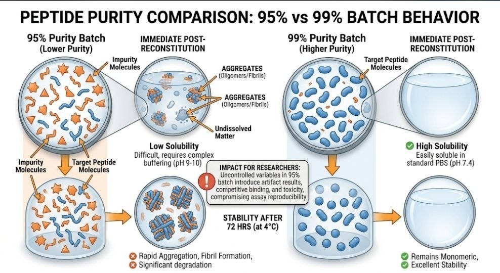 Peptide Purity: How It’s Measured and Why It Matters Peptide Purity comparison between 95 percent and 99 percent peptide batches showing aggregation stability and solubility differences