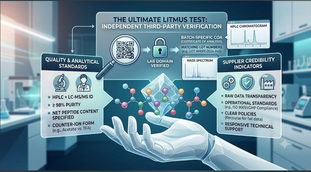 High-Quality Peptide Supplier: 7 Powerful Signs of a Trusted High-Quality Peptide Supplier High-Quality Peptide Supplier guide: A comparison diagram showcasing the single strongest indicator for identifying high-quality peptide suppliers, contrasting surface-level professional website appearance with deep, verifiable third-party analytical lab data hosted on an independent domain.