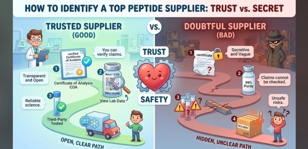 High-Quality Peptide Supplier: 7 Powerful Signs of a Trusted High-Quality Peptide Supplier High-Quality Peptide Supplier. A binary infographic comparing a trustworthy peptide supplier (left, green) and a risky supplier (right, red). On the left, a scientist oversees a clear path with verified Certificates of Analysis (COA), QR code scanning for batch-specific data, and cold-chain shipping, leading to a satisfied customer. On the right, a cloaked figure hides behind a cracked, secretive path with generic certificates, unverifiable claims, and generic delivery, leaving a confused user facing unsafe risks. A central gear heart connects 'TRUST' and 'SAFETY' as the core values.