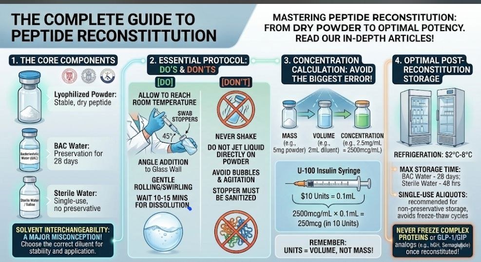 What’s Peptide Reconstitution? What's Peptide Reconstitution step-by-step guide showing proper peptide reconstitution using bacteriostatic water and the 45-degree glass-wall technique
