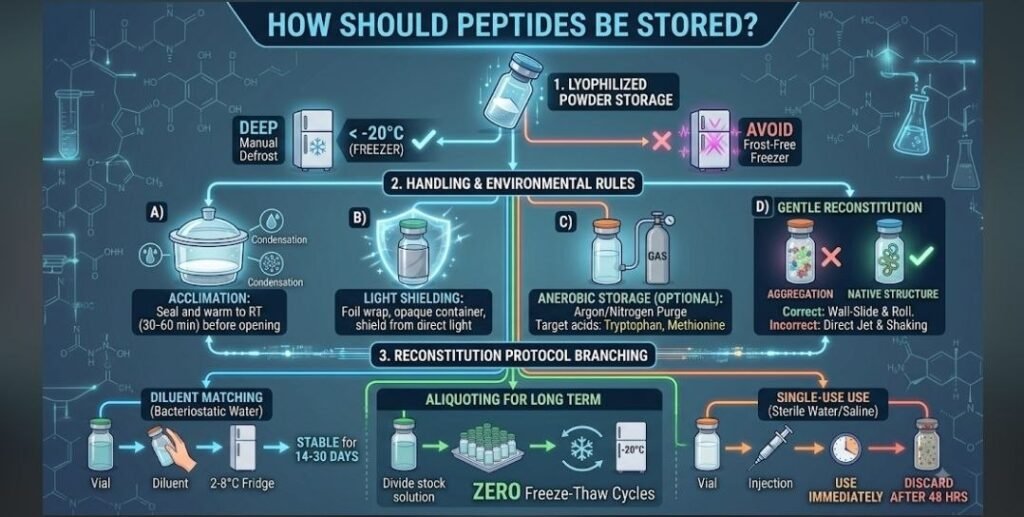 How should peptides be stored after reconstitution to protect peptide stability from heat, light, moisture, and freeze-thaw cycles