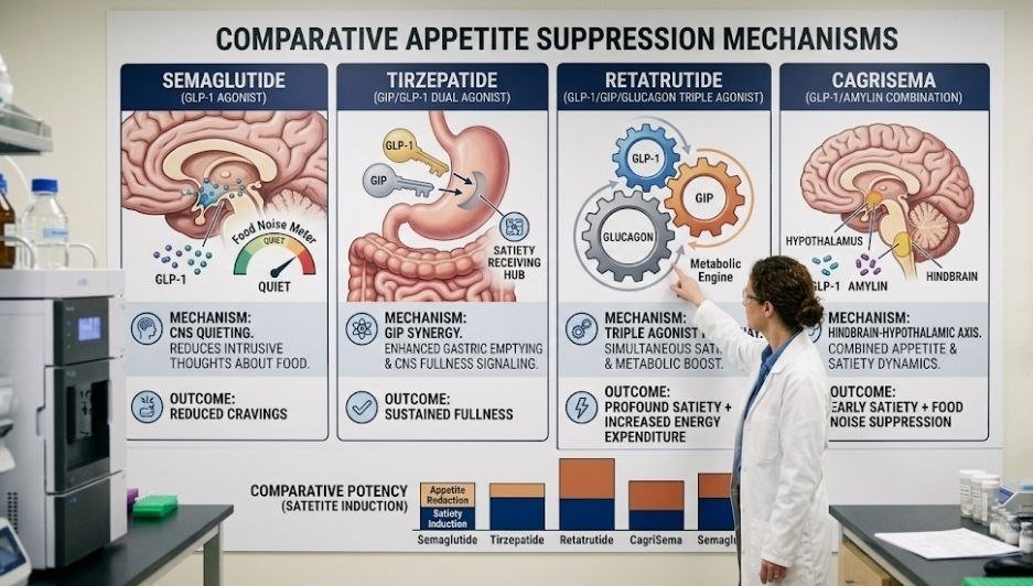 Which peptide suppresses appetite the most showing retatrutide tirzepatide semaglutide and CagriSema appetite suppression mechanisms