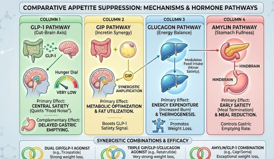 Which peptide suppresses appetite the most with GLP-1 GIP glucagon and amylin appetite regulation pathways