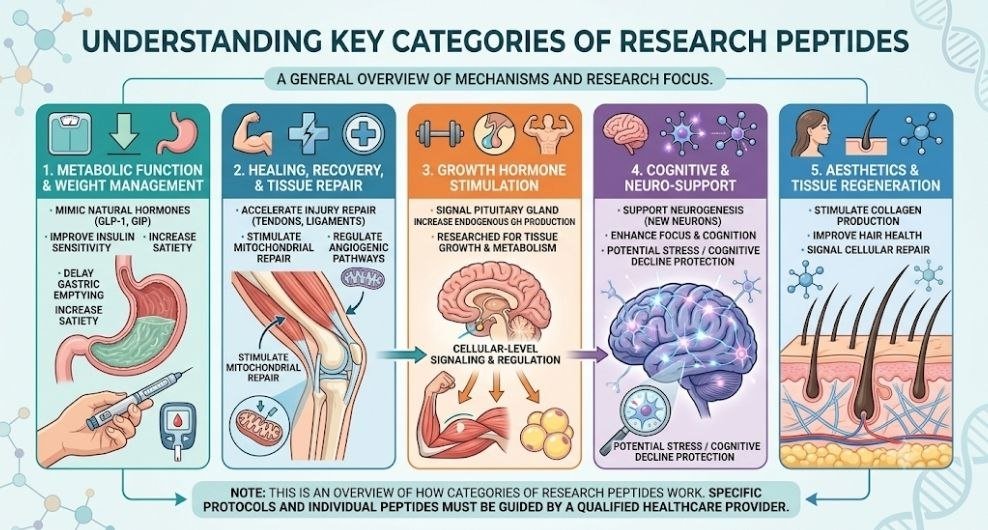 Which Peptides Are Beginners Using educational illustration featuring BPC-157, TB-500, and CJC-1295 Ipamorelin for beginner recovery, tendon support, sleep, and body composition research