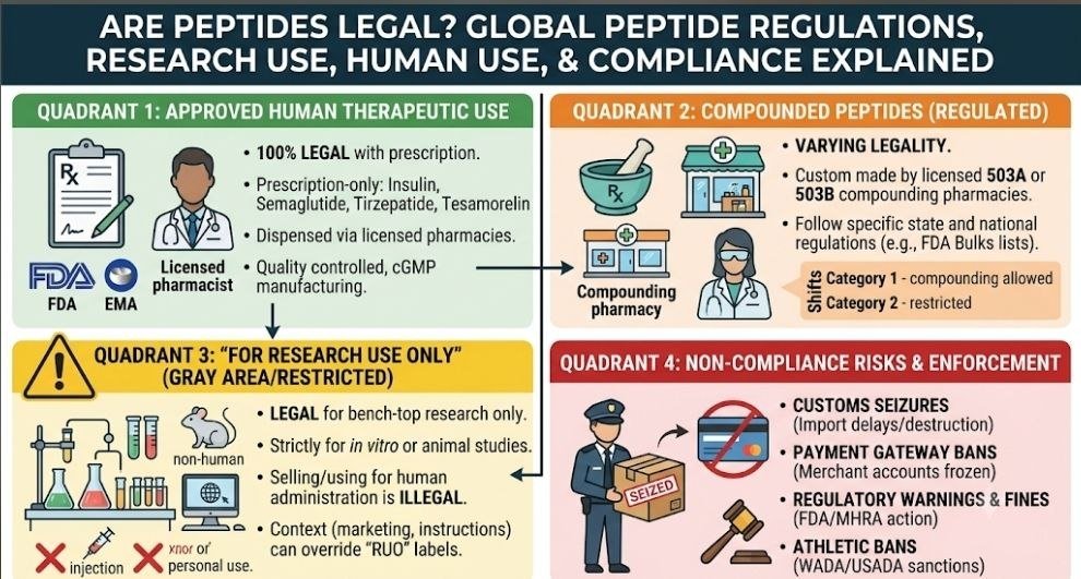 Are peptides legal? Global peptide regulations, research use, human use, and compliance explained