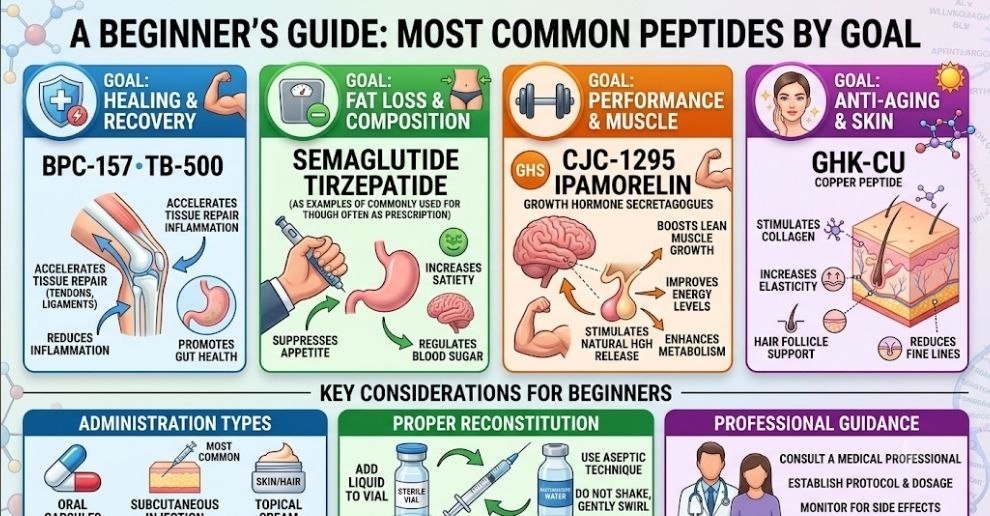 Which Peptides Are Beginners Using infographic showing Semaglutide, Tirzepatide, and Retatrutide for beginner weight loss, appetite control, and metabolic peptide research