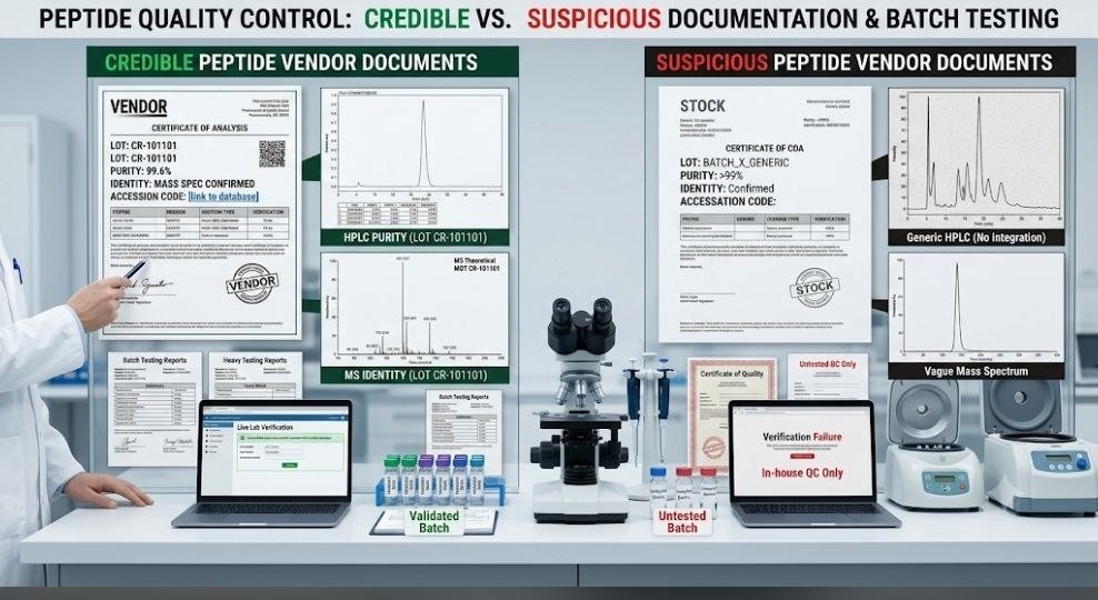 Peptide Vendor Documents: 11 Essential Documents to Check Before You Buy — The Ultimate 2026 Research Buyer’s Guide peptide vendor documents: Peptide quality control comparison showing credible versus suspicious peptide vendor documents and batch testing