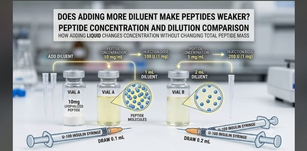 Does Adding More Diluent Make Peptides Weaker? 9 Powerful Facts Researchers Need to Know Does adding more diluent make peptides weaker? Peptide concentration and dilution comparison showing how adding liquid changes concentration without changing total peptide mass.