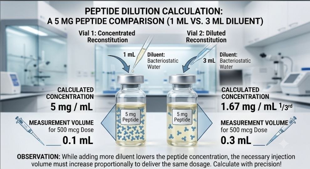 Does Adding More Diluent Make Peptides Weaker? 9 Powerful Facts Researchers Need to Know Does adding more diluent make peptides weaker?: Peptide dilution calculation comparing a 5 mg peptide reconstituted with 1 mL and 3 mL of diluent, showing the change in concentration and measurement volume.