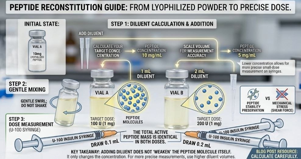Does Adding More Diluent Make Peptides Weaker? 9 Powerful Facts Researchers Need to Know Does adding more diluent make peptides weaker?: Peptide reconstitution guide illustrating the relationship between peptide amount, concentration, diluent volume, measurement accuracy, and peptide stability.