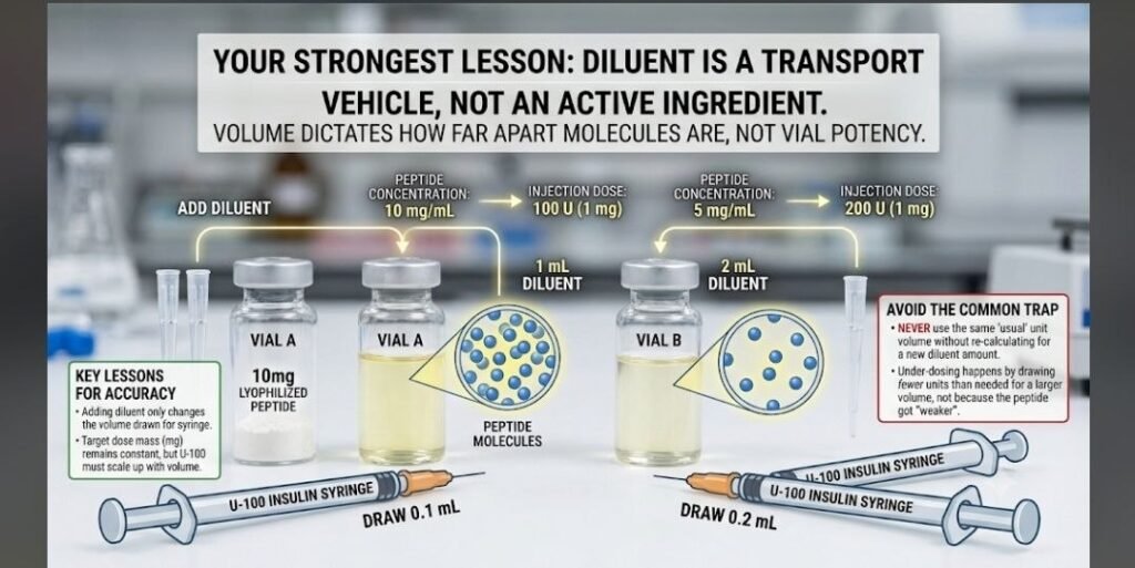 Does Adding More Diluent Make Peptides Weaker? 9 Powerful Facts Researchers Need to Know Does adding more diluent make peptides weaker?: Peptide dilution concept showing that diluent acts as a transport vehicle, changing solution concentration and molecular spacing without changing the total peptide amount in the vial.