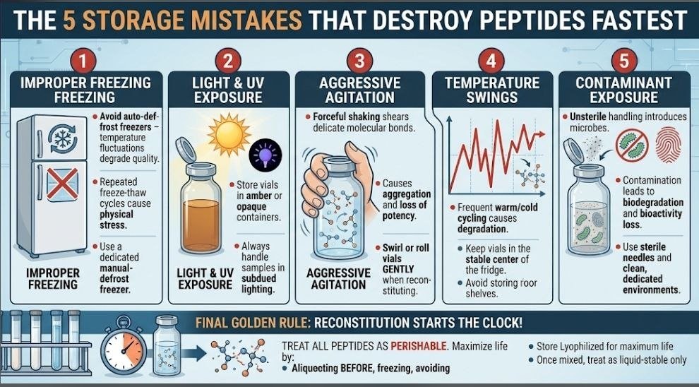 How Long Do Peptides Last? The Complete Researcher’s Shelf-Life Guide How Long Do Peptides Last infographic comparing BAC water vs sterile water storage, freeze-thaw damag