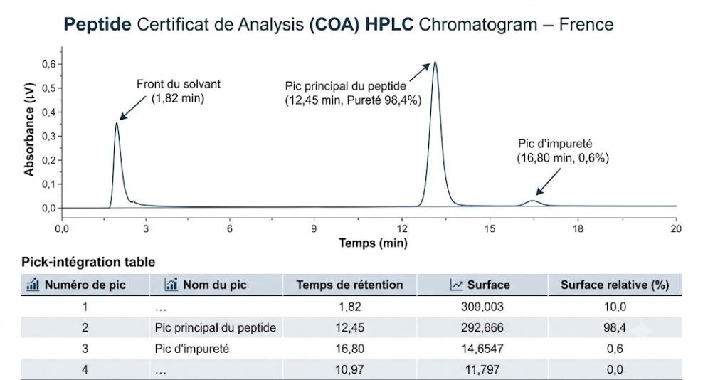 pourcentage de pureté HPLC 2: Chromatogramme HPLC d’un peptide montrant le pic principal, les impuretés, le temps de rétention et l’intégration