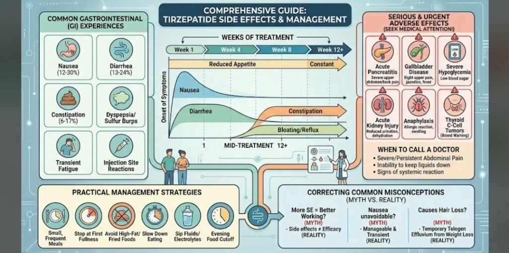 Tirzepatide Side Effects: 15 Powerful Facts, Warning Signs & Safe Management Tirzepatide side effects including nausea, diarrhea, constipation, and vomiting