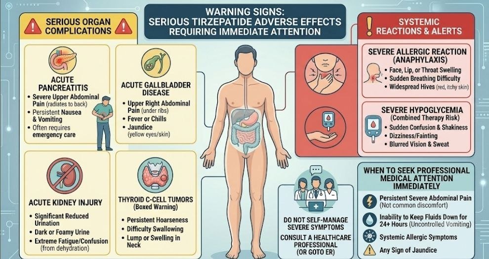 Tirzepatide Side Effects: 15 Powerful Facts, Warning Signs & Safe Management Serious tirzepatide side effects and warning signs requiring medical attention