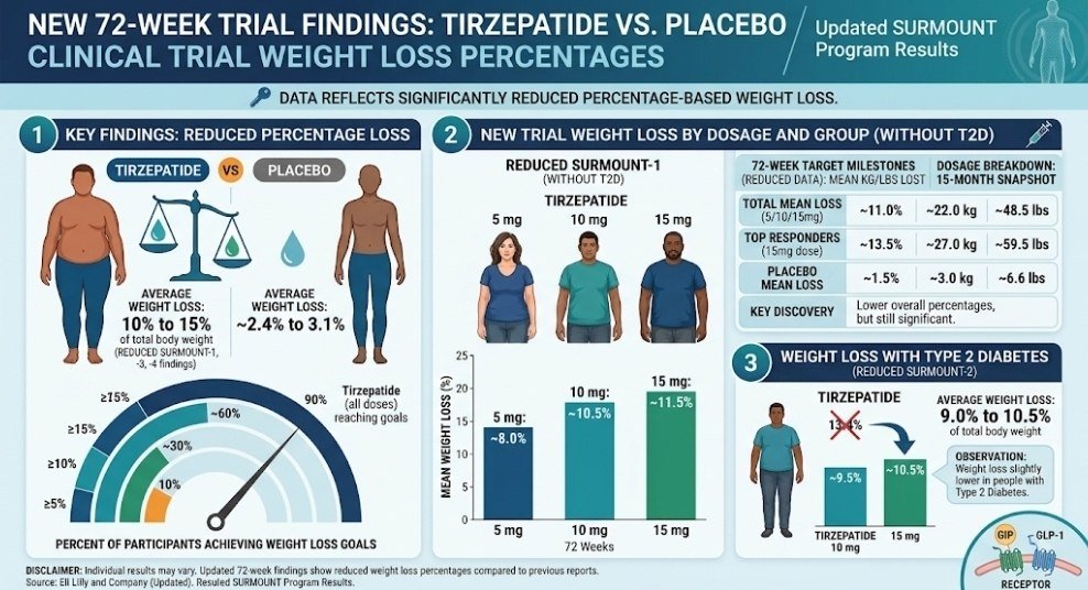 How Much Weight Can You Lose on Tirzepatide? 7 Powerful Facts, Realistic Results & Case Studies How Much Weight Can You Lose on Tirzepatide : Tirzepatide weight loss results showing pounds and kilograms lost at 10%, 15%, and 20% body weight reduction