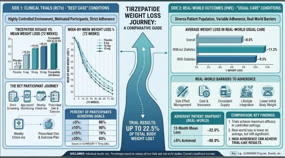 How Much Weight Can You Lose on Tirzepatide? 7 Powerful Facts, Realistic Results & Case Studies How Much Weight Can You Lose on Tirzepatide: Tirzepatide weight loss journey comparing clinical trial results with real-world weight loss outcomes