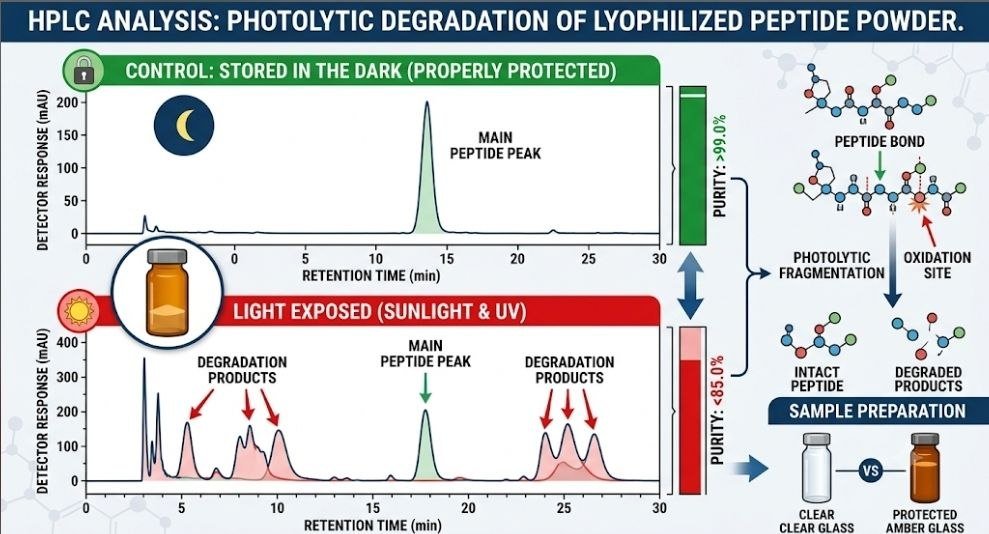 Can Sunlight Damage Peptide Powders? 11 Powerful Ways to Protect Peptide Powders from Light Peptide Powders: HPLC analysis showing peptide powder degradation after light exposure
