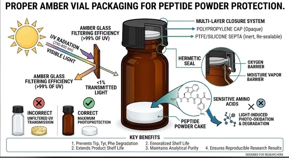 Can Sunlight Damage Peptide Powders? 11 Powerful Ways to Protect Peptide Powders from Light Peptide Powders: Proper amber vial packaging for protecting peptide powders from sunlight