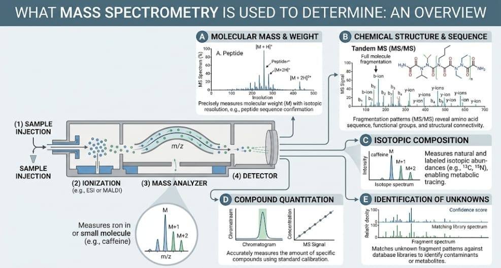 Mass Spectrometry (MS) is a laboratory test that measures molecular mass and helps verify peptide identity, structure, sequence, and detect impurities or unexpected compounds.