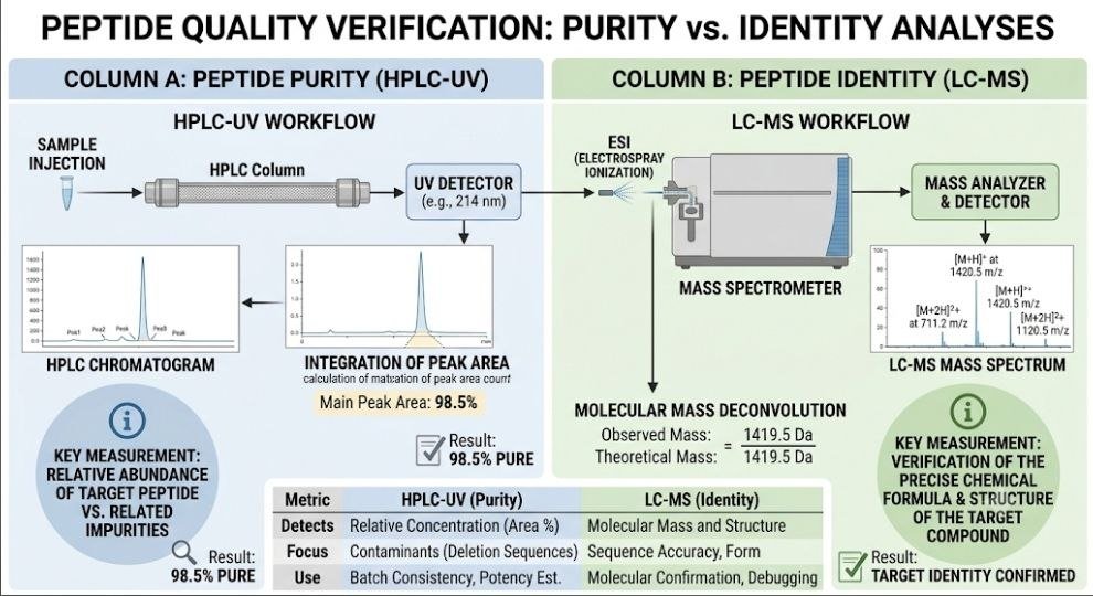What Does Peptide Identity Testing Confirm? Peptide purity vs identity comparison showing HPLC and LC-MS testing