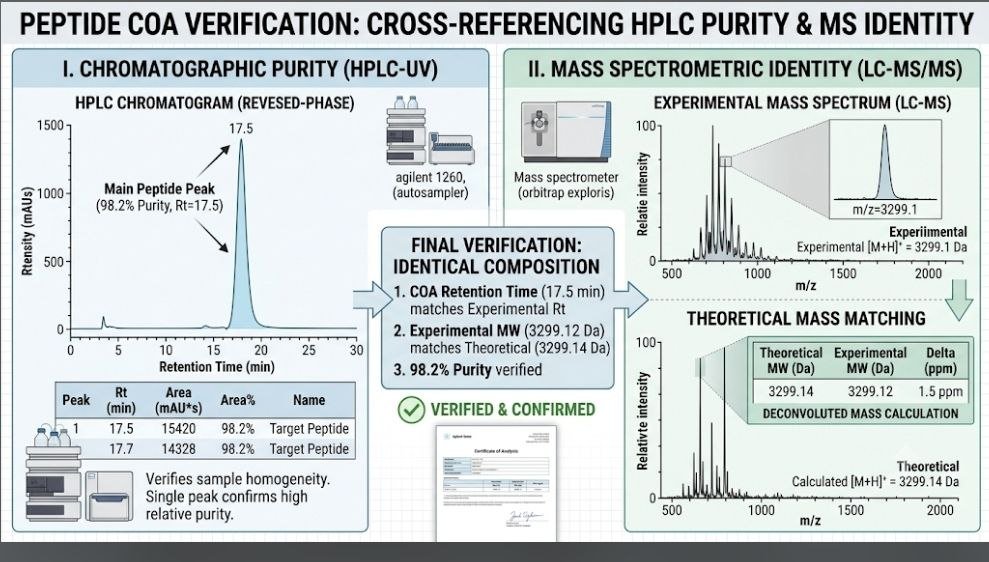 What Does Peptide Identity Testing Confirm? Peptide COA verification showing HPLC chromatogram and mass spectrometry results